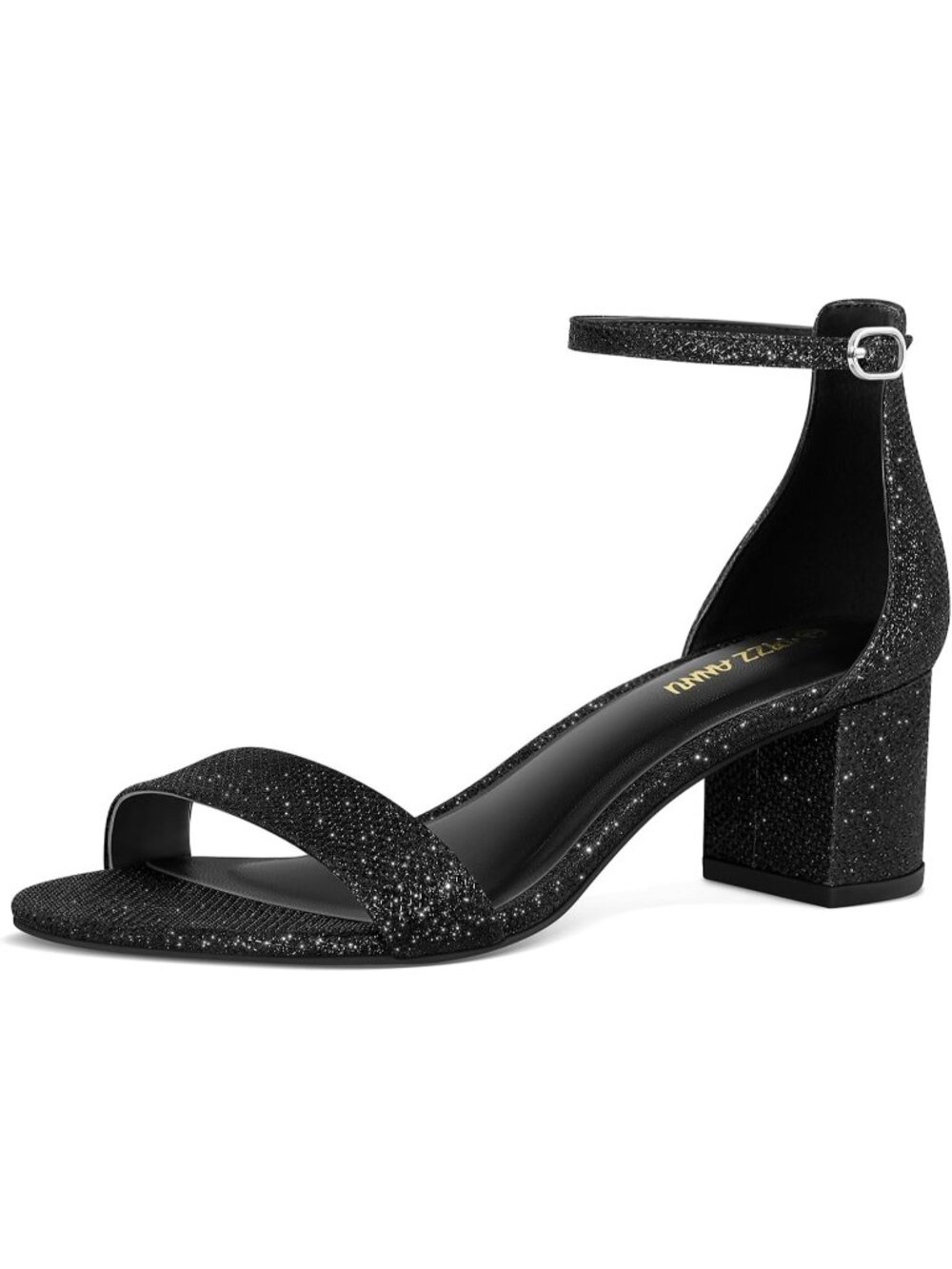 Women's Black Glitter Low Block Chunky Heels Comfortable Open Toe Ankle Strap
